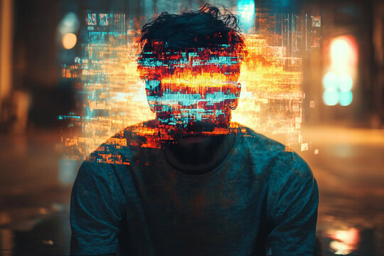 Generative AI glitch art of successful digital freelancer or businessman with distorted face and abstract technology effect