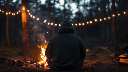 Peaceful Evening Campfire with Lights in Forest Setting Embracing Nature and Tranquility