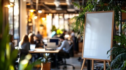 Modern Office Space with Whiteboard Surrounded by Green Plants in a Collaborative Work Environment