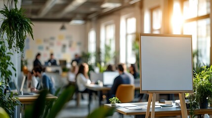 Bright and Modern Office Space with Collaborative Team Working Around Green Plants and Blank Canvas Board