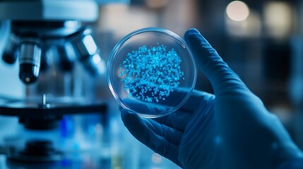 Close-up of a scientist's hand holding a petri dish with glowing blue bacteria under a microscope in a lab environment