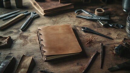 Rustic workspace featuring leather-bound notebook surrounded by various woodworking tools and materials