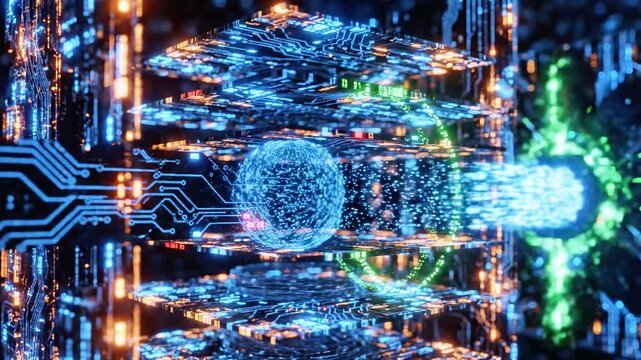 Futuristic digital schematic with glowing circuits, sphere, and data streams