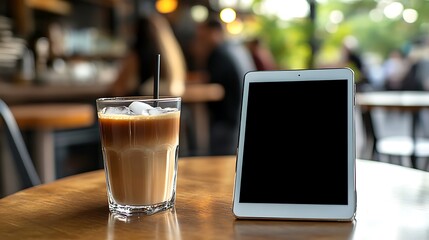 Refreshing iced coffee on a wooden table next to a blank tablet with a blurred cafe background