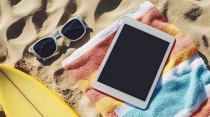 Relaxing beach scene with tablet, sunglasses, and colorful towel on sandy shore ready for vacation enjoyment