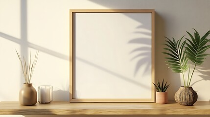 Bright and Minimalist Interior Scene with Blank Frame, Plants, and Natural Light Effects for Artistic Inspiration