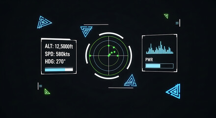 Futuristic hud display altitude speed heading power radar interface technology screen panel dashboard