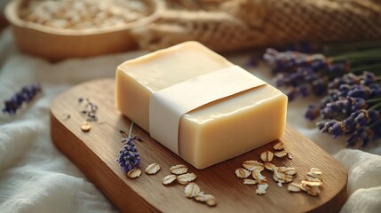 Handcrafted soap bar with natural ingredients surrounded by lavender flowers and oats on rustic wooden board