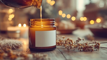 Warm Glass Jar with Essential Oil Pouring into it Surrounded by Blossoms and Soft Lighting for Relaxation Atmosphere