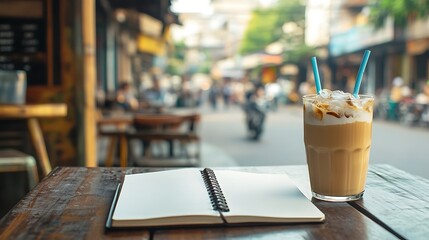 Cozy Coffee Shop Scene with Iced Coffee and Blank Notebook on Wooden Table in Bustling Street Atmosphere