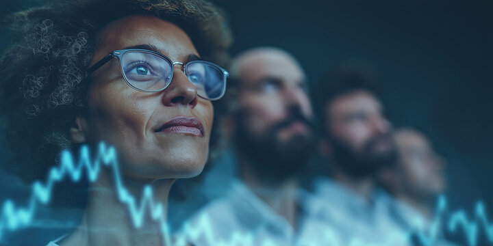 Professional woman analyzes financial market data visualization during collaborative corporate business meeting.