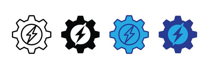 Set of four gear icons with lightning bolt symbol inside, representing energy, power, industry, and mechanics, isolated on white.