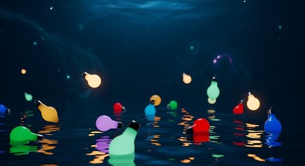 Surreal Floating Light Bulbs Reflecting in Dark Water Under a Starry Night Sky Creative Inspiration and Colorful Imagination