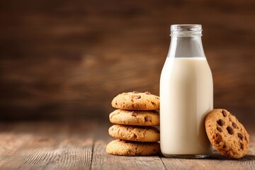 Delicious chocolate chip cookies and fresh milk on rustic wooden background