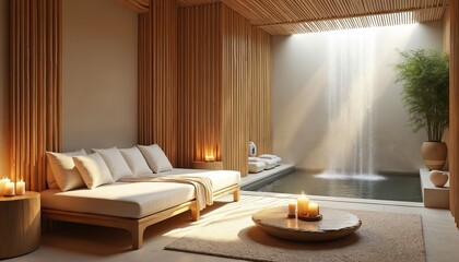 Naklejka premium Interior of spa resort with bed candles and waterfall. Relaxation area for wellness. Modern interior design of luxurious comfortable spa room. Zen style decor for massage and therapy.