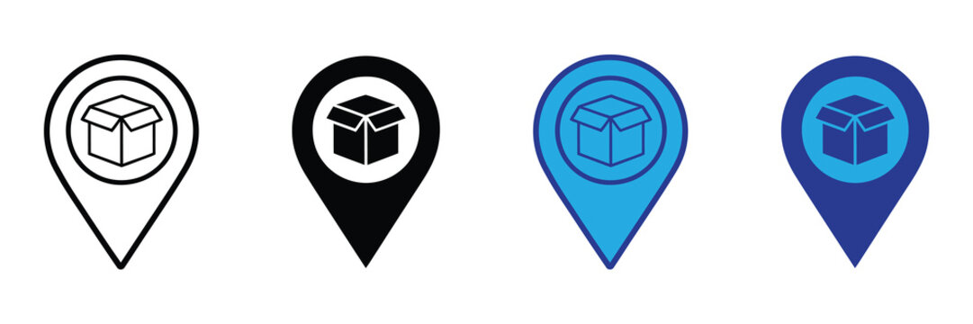 Set of four map pin icons with open cardboard box inside, representing delivery location, shipping destination, package tracking, and logistics points