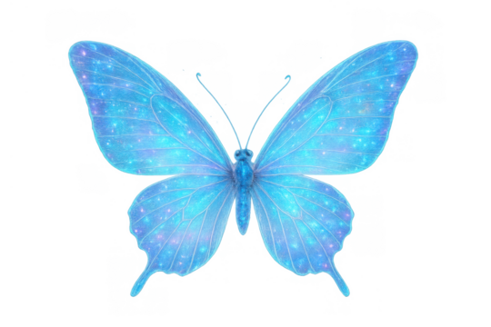 Blue butterfly wings depicting a glowing galaxy pattern and sparkling stars with transparent background