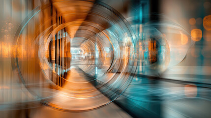 Abstract Digital Art of Interconnected Geometric Cityscape Towers Gleaming with Chrome and Orange Light Blending into Teal Futuristic Background