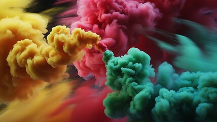 Vibrant clouds of yellow, pink, and green smoke create a mesmerizing, dynamic flow for backgrounds and creative projects, adding a touch of fantasy and wonder