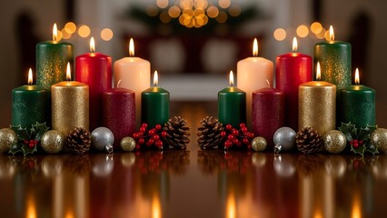 Festive Christmas Candles on a Polished Wooden Table.