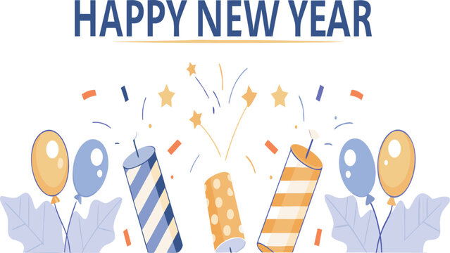 Happy new year celebration with balloons and confetti