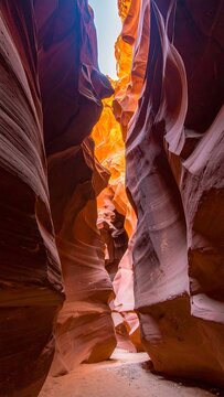 Narrow passage of sandstone canyons with sunlit opening