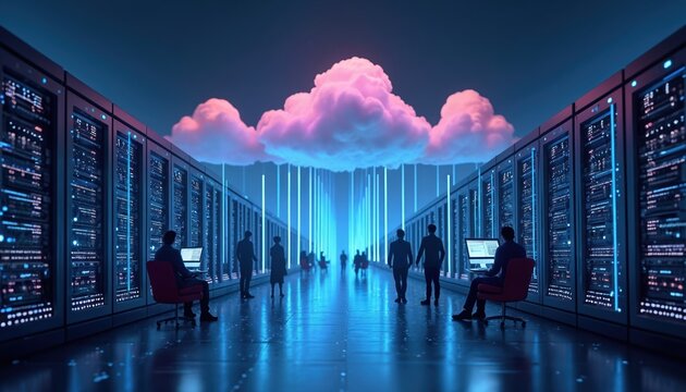Data center room with cloud computing infrastructure. Server racks line the hallway. People work on computers in a futuristic data storage facility with a large pink cloud above.