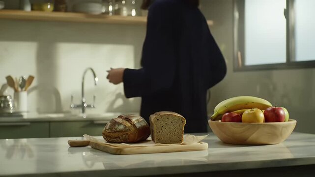 Home Kitchen Counter with Freshly Baked Bread, Fruit Bowl, and Person