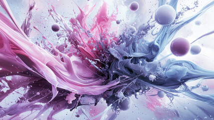 Abstract Explosion of Pink and Blue Spray Paint Colors with Glittering Particles and Spherical Elements in a Chaotic Cosmic Display
