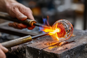 Expert glassblowing technique creates vibrant glass art in workshop