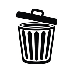 Black trash can icon with an open lid, symbolizing waste, delete, or recycling, isolated on