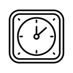 Simple black and white line art icon of a square clock with a round face, representing time, schedule, or deadline