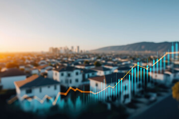 Glowing financial chart overlay presents upward growth trends above urban cityscape view.