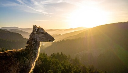 Naklejka premium Golden Hour Shot of Llama Silhouette in Mountainous Landscape with Sun Flare and Clear Sky