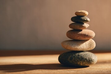 Meditative Stone Cairn Balanced in Warm, Golden Sunlight.