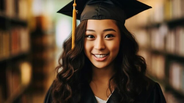 A joyful graduate in cap and gown smiles with eyes closed, captured in a close-up angle. The blurred library background adds depth, ideal for a celebratory video.