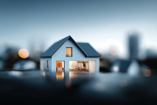 suburban houses positioned before illuminated metropolitan skyline during atmospheric twilight evening. - Powered by Adobe