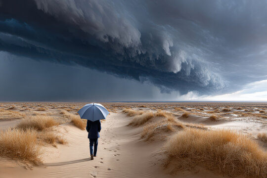 Walking alone in a desert landscape under an ominous stormy sky with an umbrella - Powered by Adobe