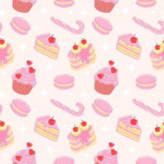 sweet pastel dessert pattern with cupcakes, macarons, candy sticks, and cherry-topped cakes in a cute valentine theme for background