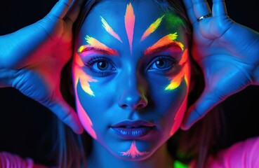 Woman with colorful neon face paint glows under blue light. Female model with vibrant ultraviolet art on face poses in dark nightclub. Creative party makeup.