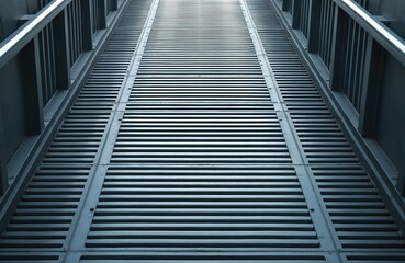 Upward view of long metal grate ramp on industrial footbridge. Steel walkway shows perspective with striped pattern. Architectural construction with strong lines leads towards light, providing safe