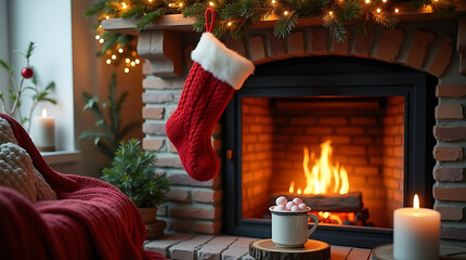 Cozy christmas fireplace scene with stocking and hot chocolate holiday