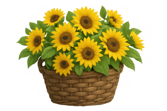 Sunflowers in a woven basket, a vibrant floral arrangement celebrating nature and summer, transparent background
