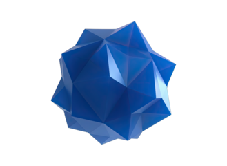 Abstract geometric blue polyhedron with sharp facets and smooth shading isolated on a black background symbolizing complexity and structure