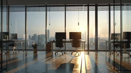 Modern office interior with desks and computers bathed in the warm glow of sunset light