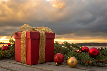 Festive Gift Box at Sunset A Christmas Decoration Scene