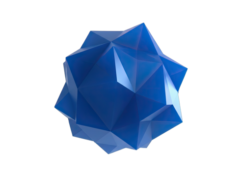 Abstract geometric blue polyhedron with sharp facets and smooth shading isolated on a black background symbolizing complexity and structure
