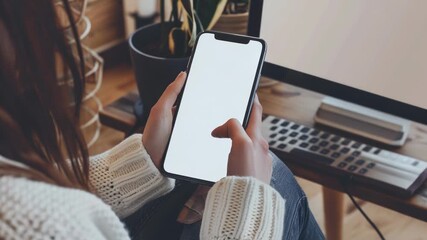 Video A woman is using her phone in front of a computer, a common scene for modern life