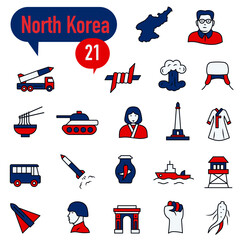 A set of icons in blue and red colors dedicated to life in North Korea.