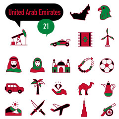 A set of icons in red and green colors dedicated to life in the United Arab Emirates.